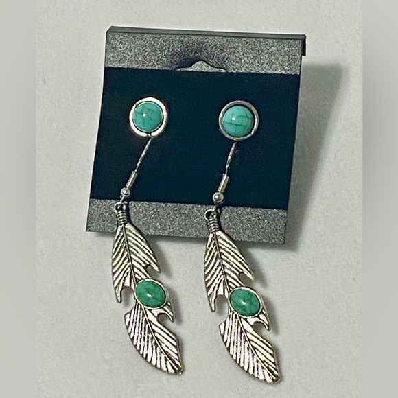 Jewelry - Two Pair of Silver with Turquoise Boho Earrings, Feathers and Small Round